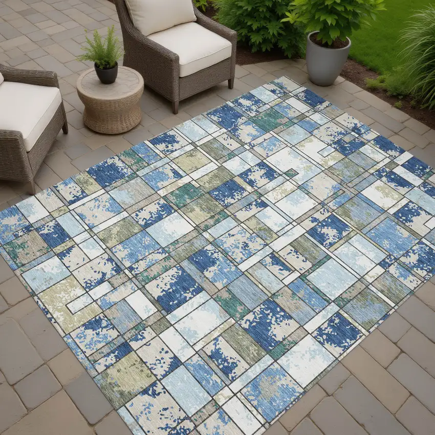 Blue And Navy Blue Geometric Washable Indoor Outdoor Area Rug Photo 7