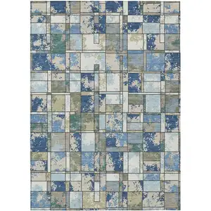 Photo of Blue And Navy Blue Geometric Washable Indoor Outdoor Area Rug