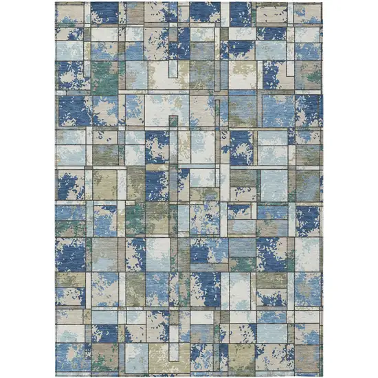 Blue And Navy Blue Geometric Washable Indoor Outdoor Area Rug Photo 1