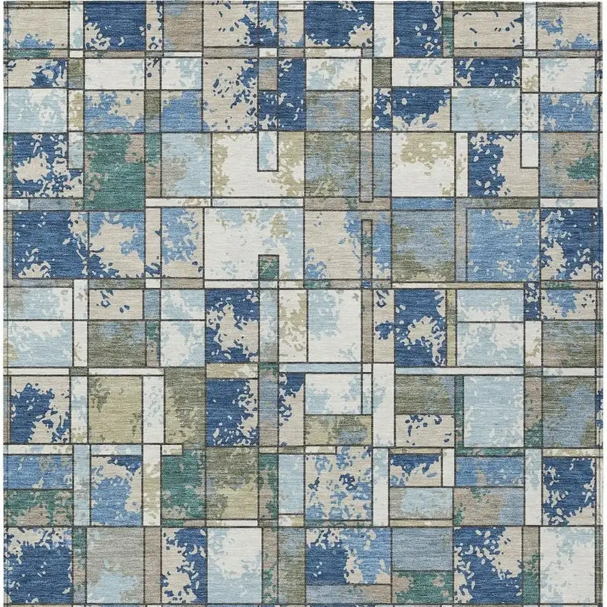 Blue And Navy Blue Geometric Washable Indoor Outdoor Area Rug Photo 3