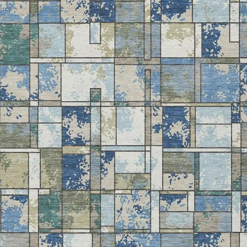 Blue And Navy Blue Geometric Washable Indoor Outdoor Area Rug Photo 2