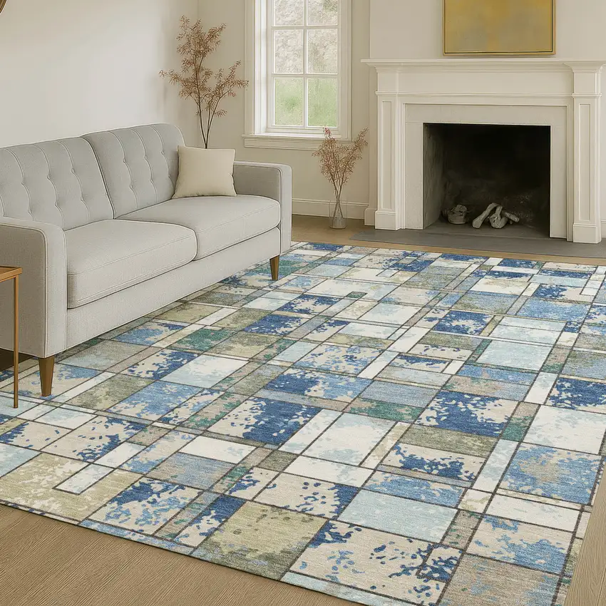 Blue And Navy Blue Geometric Washable Indoor Outdoor Area Rug Photo 6