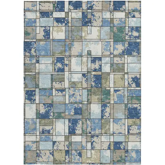 Blue And Navy Blue Geometric Washable Indoor Outdoor Area Rug Photo 3