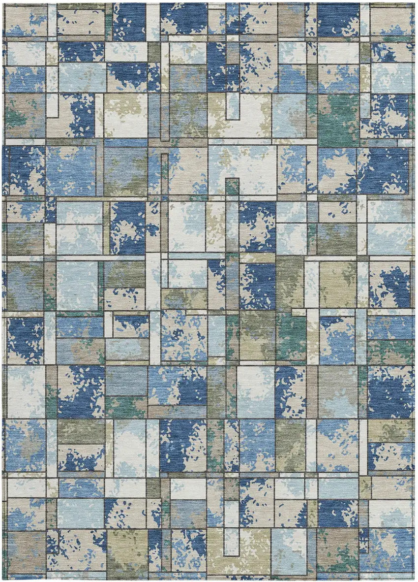Blue And Navy Blue Geometric Washable Indoor Outdoor Area Rug Photo 3