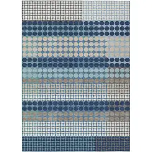 Photo of Blue And Navy Blue Geometric Washable Indoor Outdoor Area Rug