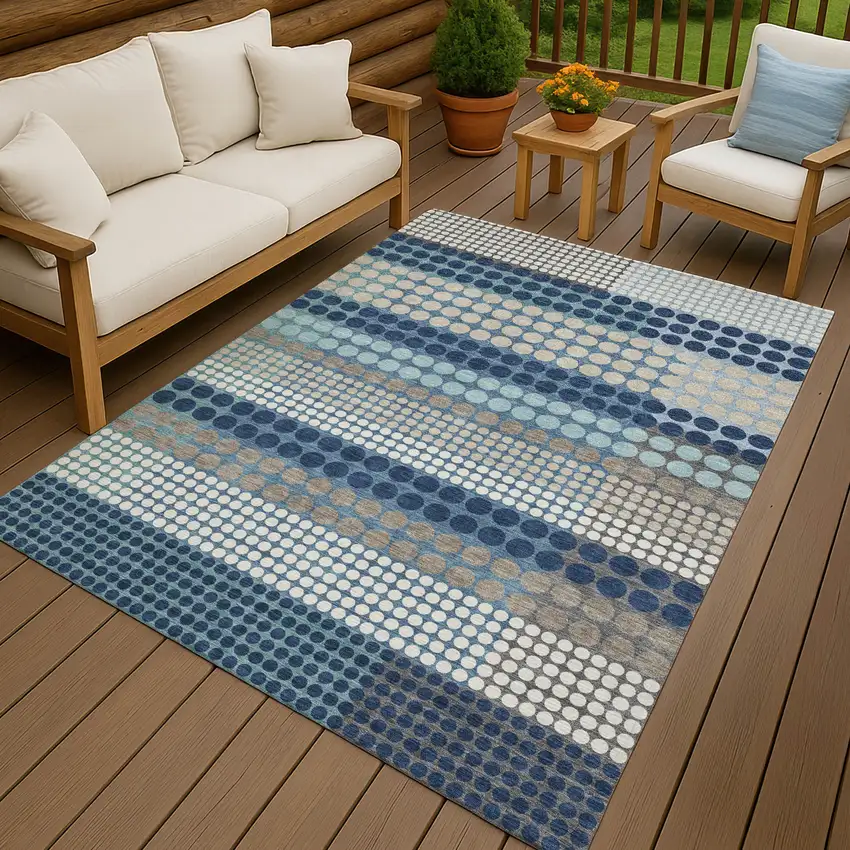 Blue And Navy Blue Geometric Washable Indoor Outdoor Area Rug Photo 4
