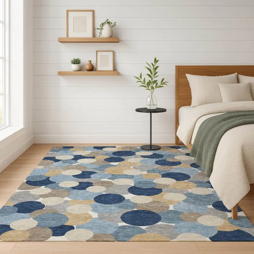 Blue And Navy Blue Geometric Washable Indoor Outdoor Area Rug Photo 6