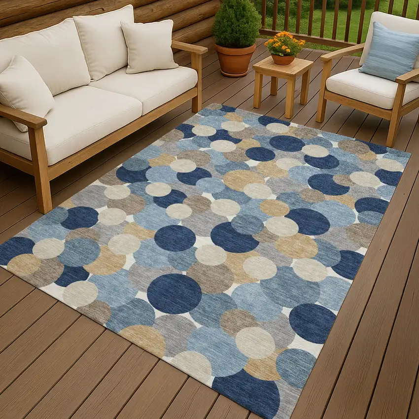 Blue And Navy Blue Geometric Washable Indoor Outdoor Area Rug Photo 4