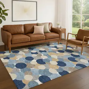 Photo of Blue And Navy Blue Geometric Washable Indoor Outdoor Area Rug