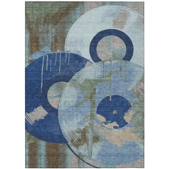 Blue And Navy Blue Geometric Washable Indoor Outdoor Area Rug Photo 1