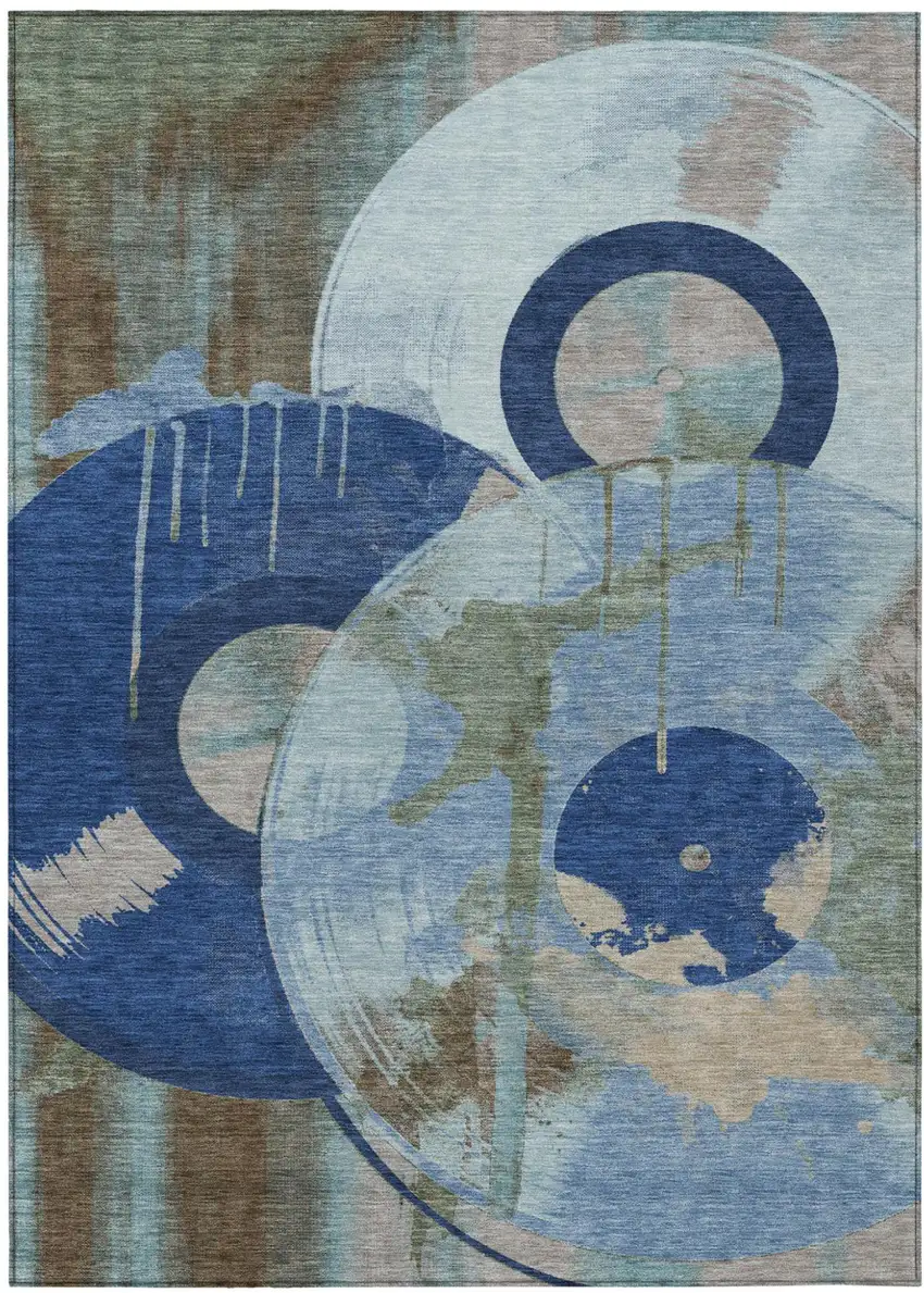 Blue And Navy Blue Geometric Washable Indoor Outdoor Area Rug Photo 1