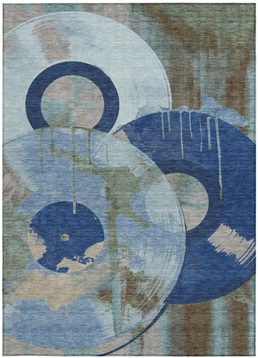 Blue And Navy Blue Geometric Washable Indoor Outdoor Area Rug Photo 3