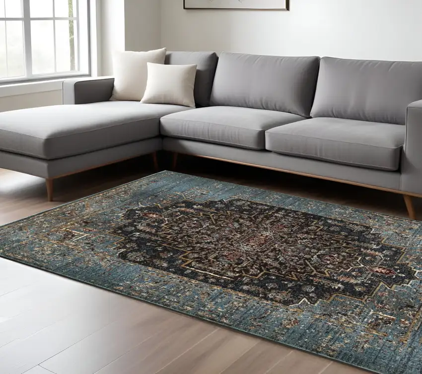 Blue And Navy Blue Medallion Area Rug Photo 1