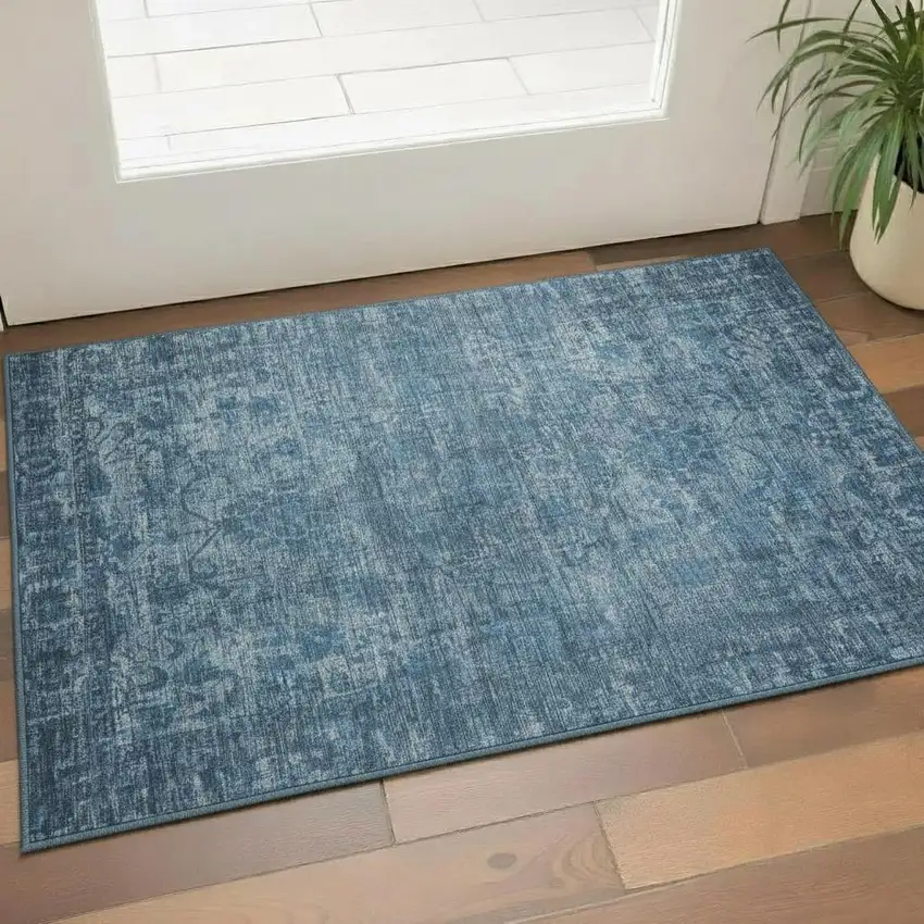 Blue And Navy Blue Oriental Washable Area Rug With UV Protection Photo 2