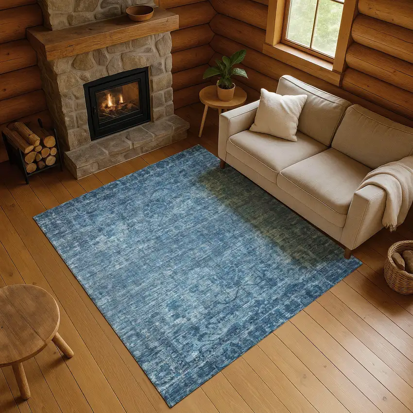 Blue And Navy Blue Oriental Washable Area Rug With UV Protection Photo 4