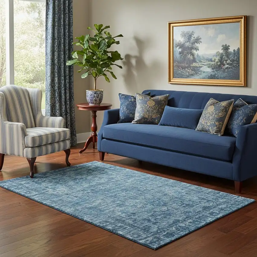 Blue And Navy Blue Oriental Washable Area Rug With UV Protection Photo 2