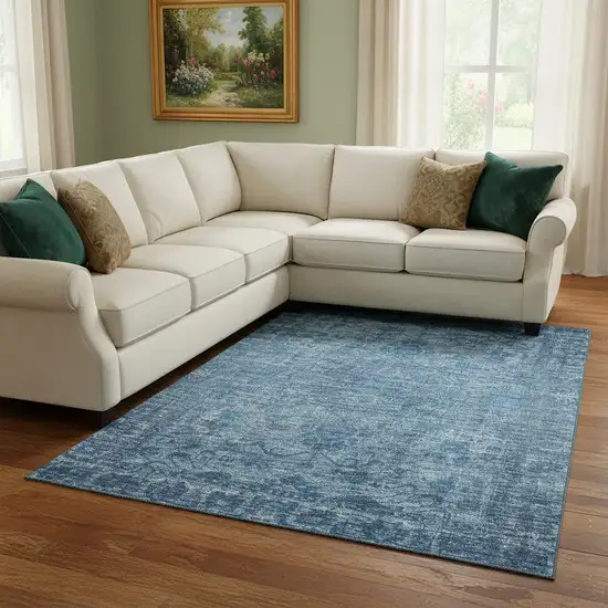 Blue And Navy Blue Oriental Washable Area Rug With UV Protection Photo 2