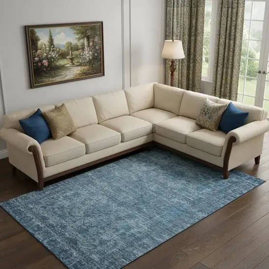 Blue And Navy Blue Oriental Washable Area Rug With UV Protection Photo 2