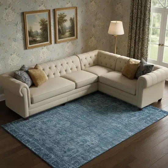 Blue And Navy Blue Oriental Washable Area Rug With UV Protection Photo 2