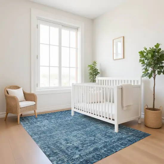 Blue And Navy Blue Oriental Washable Area Rug With UV Protection Photo 5