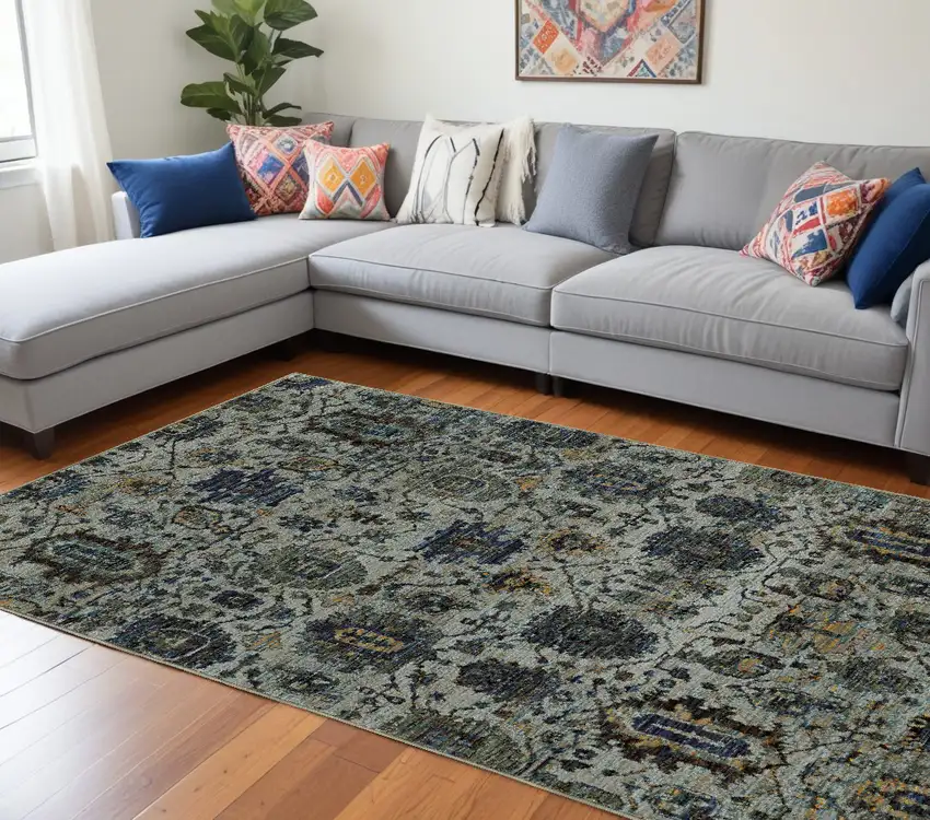 Blue Green Oriental Power Loom Area Rug Photo 1