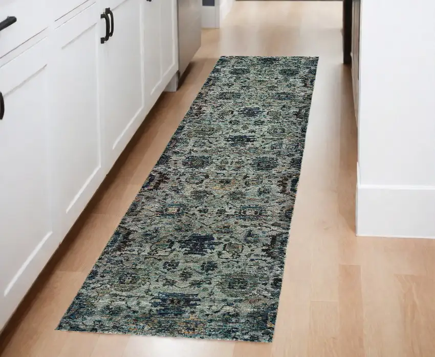 Blue Green Oriental Power Loom Runner Rug Photo 1