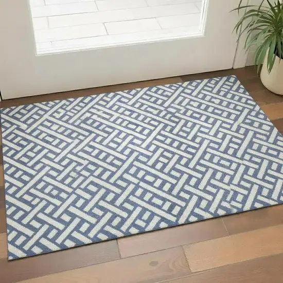 Blue And Off White Trellis Washable Area Rug With UV Protection Photo 1