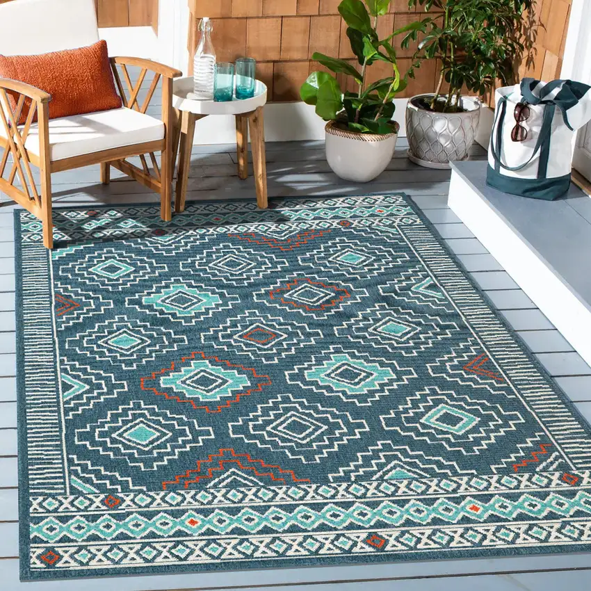 Blue And Off White Tribal Square Rug Photo 6
