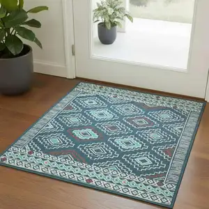 Photo of Blue And Off White Tribal Square Rug