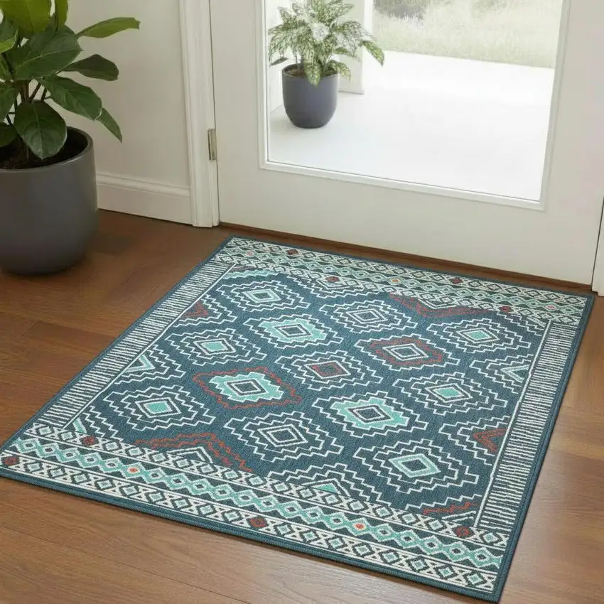 Blue And Off White Tribal Square Rug Photo 1