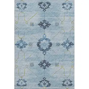 Photo of Blue And Olive Green Floral Medallion Washable Area Rug With UV Protection