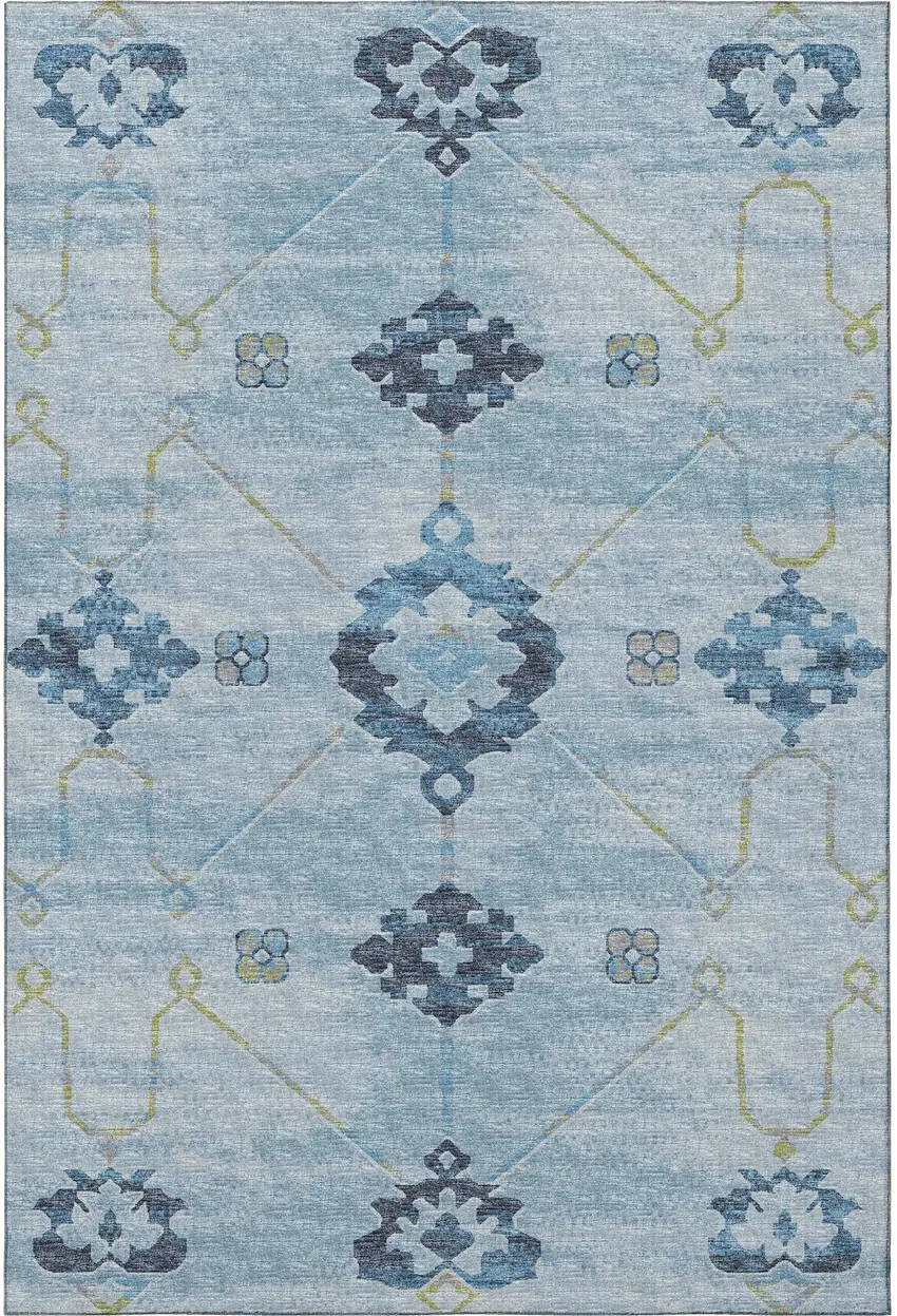 Blue And Olive Green Floral Medallion Washable Area Rug With UV Protection Photo 6