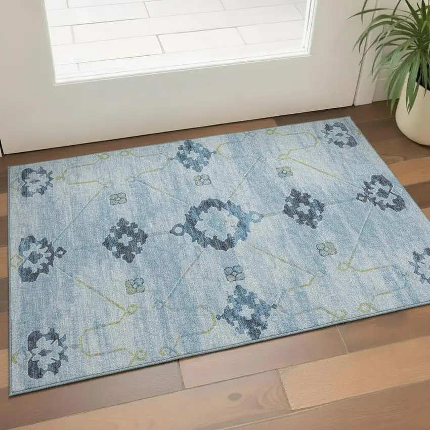 Blue And Olive Green Floral Medallion Washable Area Rug With UV Protection Photo 1