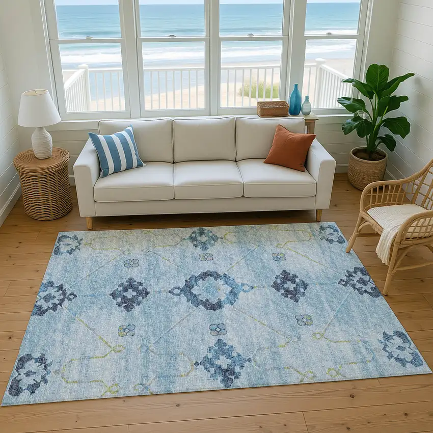 Blue And Olive Green Floral Medallion Washable Area Rug With UV Protection Photo 5