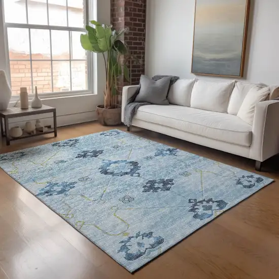 Blue And Olive Green Floral Medallion Washable Area Rug With UV Protection Photo 4