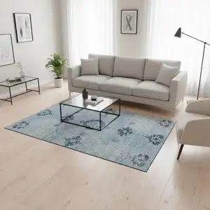 Photo of Blue And Olive Green Floral Medallion Washable Area Rug With UV Protection