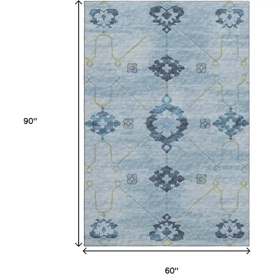 Blue And Olive Green Floral Medallion Washable Area Rug With UV Protection Photo 3