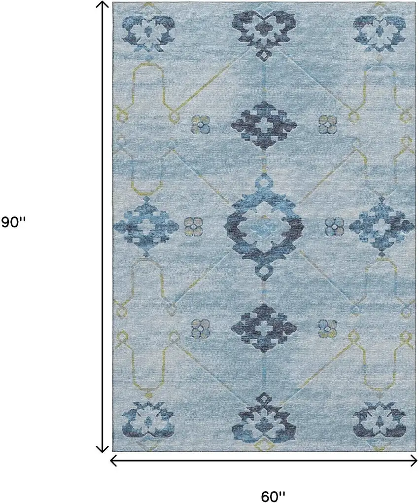 Blue And Olive Green Floral Medallion Washable Area Rug With UV Protection Photo 3