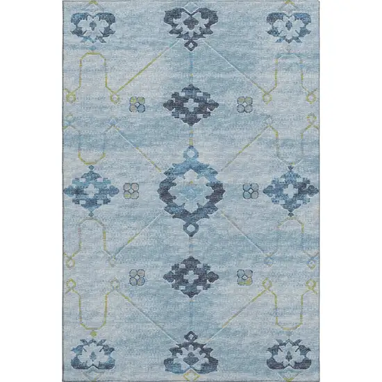Blue And Olive Green Floral Medallion Washable Area Rug With UV Protection Photo 2