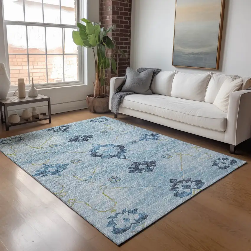 Blue And Olive Green Floral Medallion Washable Area Rug With UV Protection Photo 4
