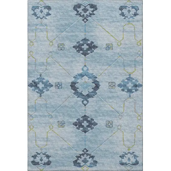 Blue And Olive Green Floral Medallion Washable Area Rug With UV Protection Photo 6