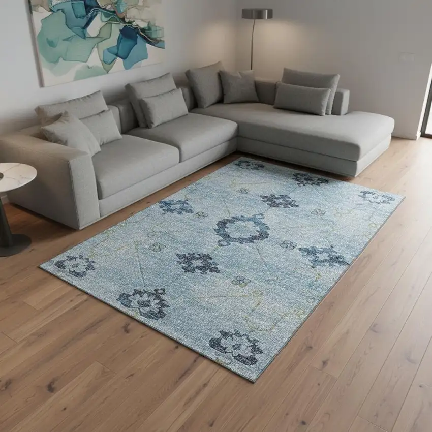 Blue And Olive Green Floral Medallion Washable Area Rug With UV Protection Photo 1