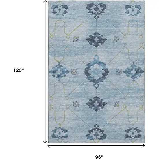 Blue And Olive Green Floral Medallion Washable Area Rug With UV Protection Photo 3