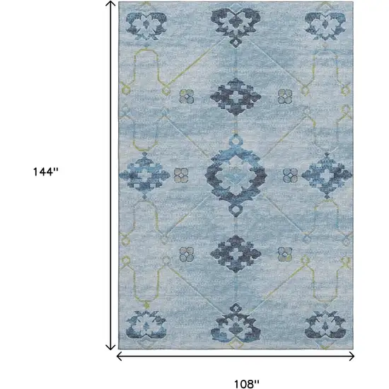 Blue And Olive Green Floral Medallion Washable Area Rug With UV Protection Photo 3