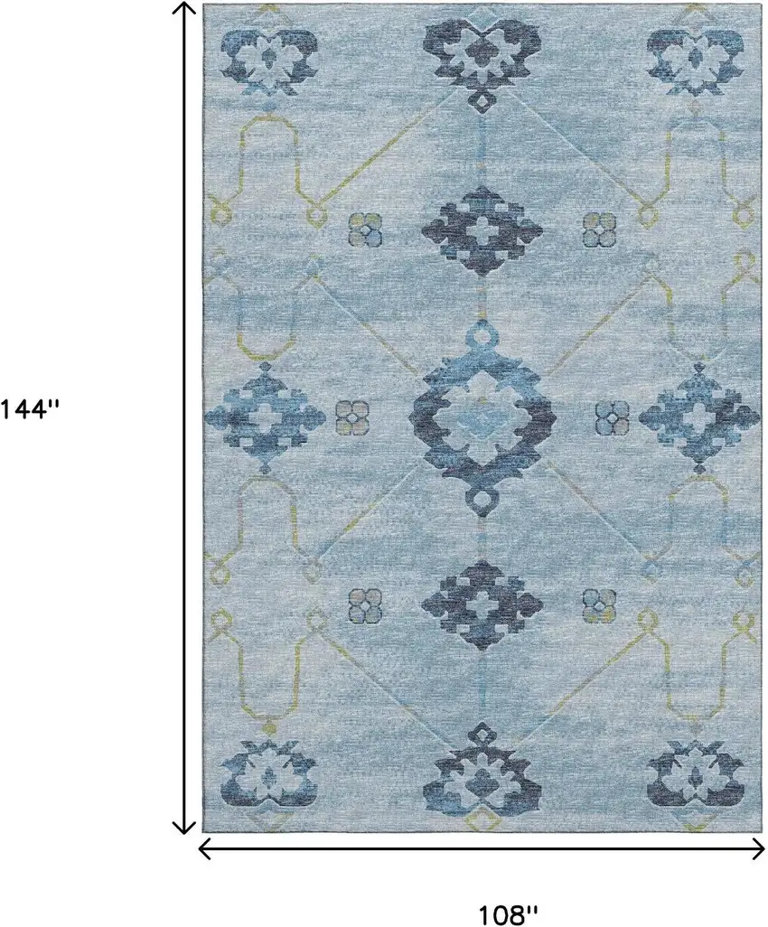 Blue And Olive Green Floral Medallion Washable Area Rug With UV Protection Photo 3