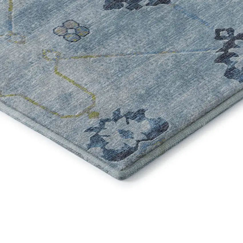Blue And Olive Green Floral Medallion Washable Area Rug With UV Protection Photo 7