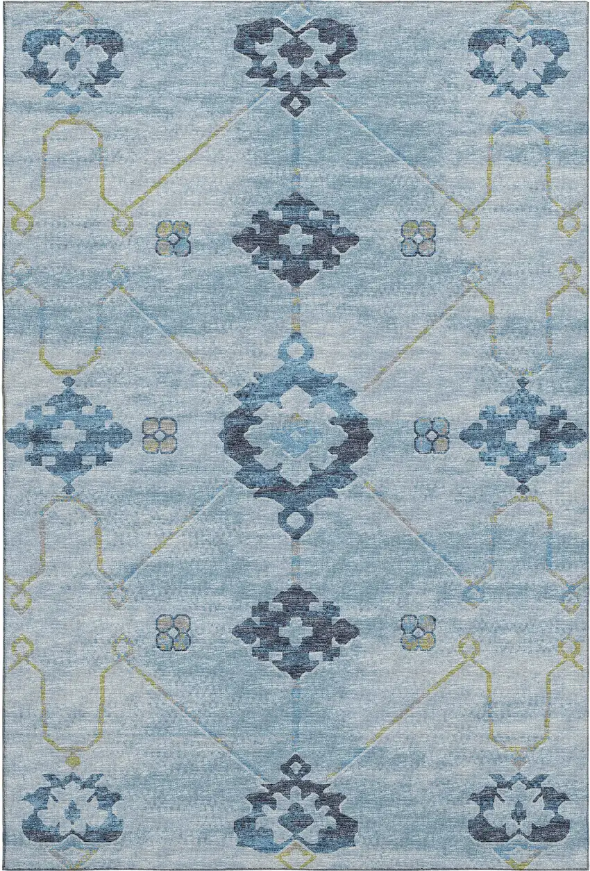 Blue And Olive Green Floral Medallion Washable Area Rug With UV Protection Photo 2