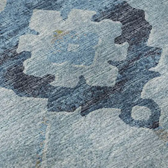 Blue And Olive Green Floral Medallion Washable Area Rug With UV Protection Photo 9