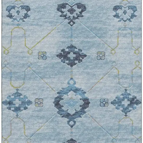Blue And Olive Green Floral Medallion Washable Area Rug With UV Protection Photo 9