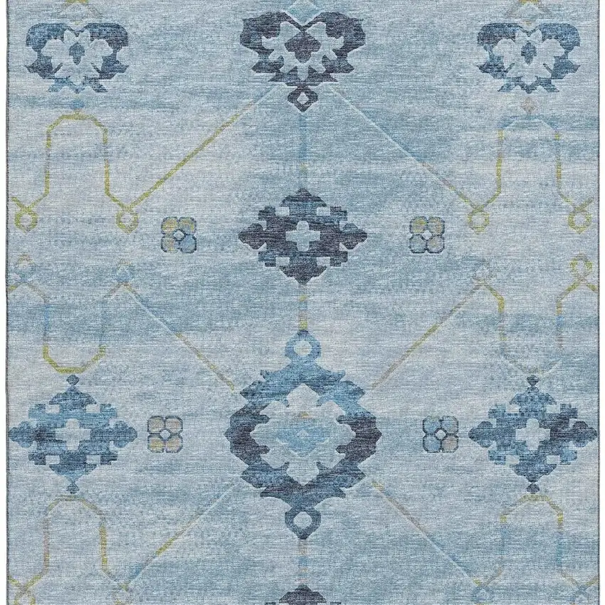 Blue And Olive Green Floral Medallion Washable Area Rug With UV Protection Photo 9